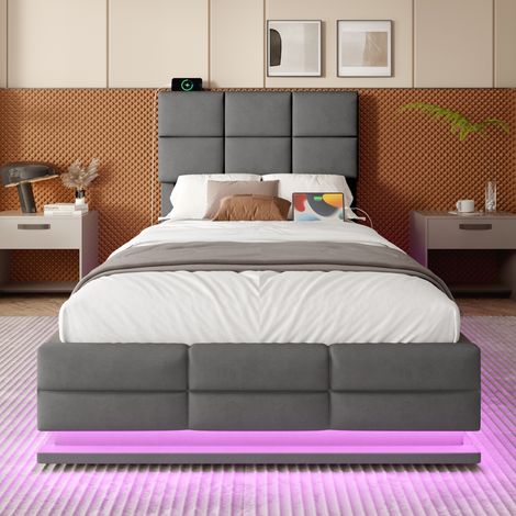 Lit rembourré moderne en velours 90 x 200 cm avec tête de lit réglable, ports USB/Type-C, éclairage LED d’ambiance, système hydraulique et grand espace de rangement, sans matelas, gris (1/5)