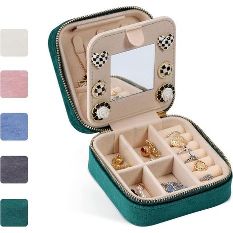 Écrin de voyage en velours vert foncé avec miroir pour bijoux, rangement compact pour boucles d'oreilles, bracelets, bagues et colliers (1/5)