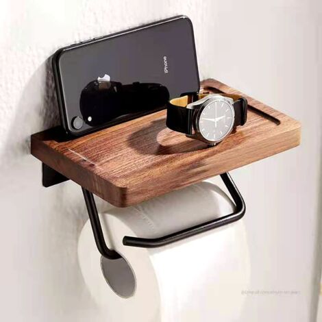 Porte-papier hygiénique avec étagère en noyer noir pour salle de bain, porte-papier hygiénique mural (1/5)