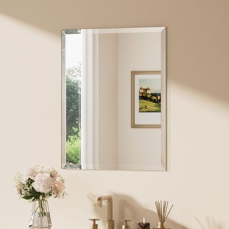 Keonjinn Miroir salle de bains à taillage facetté 60x76cm, verre trempé avec film anti-éclats, Miroir salle de bains sans cadre, WC miroir mural rectangulaire pose verticale et horizontale possible