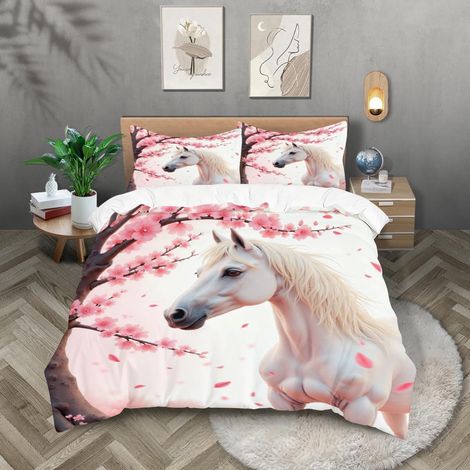 Parure de Lit 140x200 Cheval Fleurs de Cerisier Housse de Couette 140x200 Enfant Garçon Fille Adulte Housse de Couette 1 Personne en Microfibre avec Fermeture éClair - 140x200+1x65x65cm (1/5)