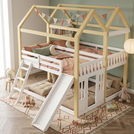 Lit mezzanine enfant 90×200cm avec toboggan,lit cabane en bois,lit mi hauteur,échelle montables à gauche ou à droite,cadre de lit enfant,blanc+naturel (1/5)