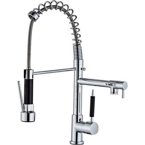 Robinet d'évier de cuisine avec douchette extractible , mitigeur , robinet de vanité , robinet d'évier de cuisine en laiton à double poignée monté sur comptoir , finition chromée (1/5)