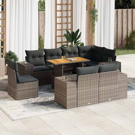 Canapé d'angle extérieur 9 places en résine tressée grise avec coussins, table extensible et rangement - Salon de jardin modulaire (1/5)