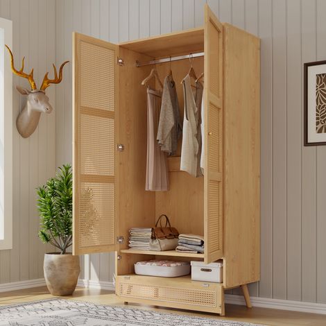 Armoire avec tringle, 2 portes, filet en rotin, couvercle bas rabattable, en panneaux de particules et rotin PE, naturel
