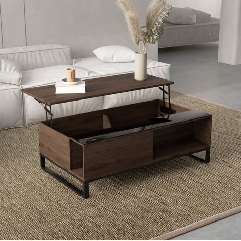 MODFU – Tavolino sollevabile 102x58 cm con piano in vetro, vano contenitore nascosto, mensola e acciaio nero – Noce (1/5)