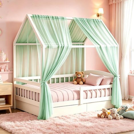 Lot de 2 ciel de lit de maison - 150 x 350 cm - Décoration de lit de maison - 100 % coton bio - Rideaux de lit respirants pour lit d'enfant - Pour filles et garçons (vert) (1/5)
