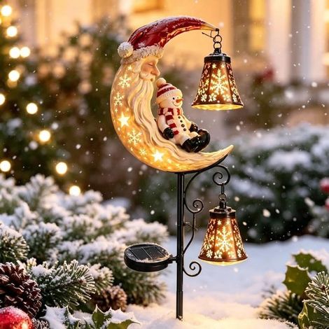Éclairage de jardin solaire – Bonhomme de neige et lune – Éclairage extérieur – Alimentation solaire – Convient pour les allées, les balcons et les vérandas