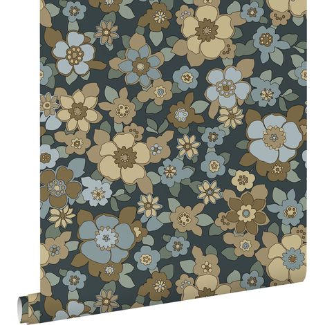 papier peint fleurs rétro bleu foncé - ESTAhome (1/5)