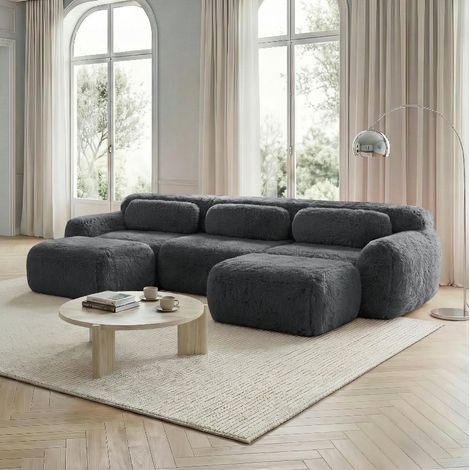 Sofa modular aus Plüschstoff in Grau, U-/L-Form oder 3-Sitzer, ohne Montage (1/5)