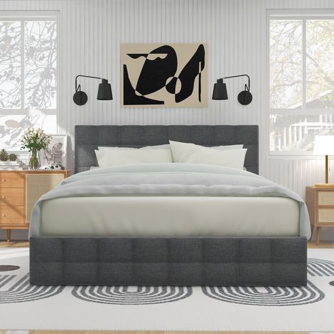 Letto imbottito 140x200cm letto contenitore letto matrimoniale con 4 cassetti, testiera regolabile in altezza e doghe in metallo, letto funzionale in lino, nero (1/5)