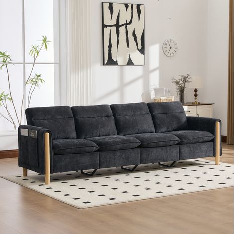 Sofá modular en U de 4 plazas en chenilla negra con 2 pufs con almacenaje, patas de madera, OKWISH (1/5)