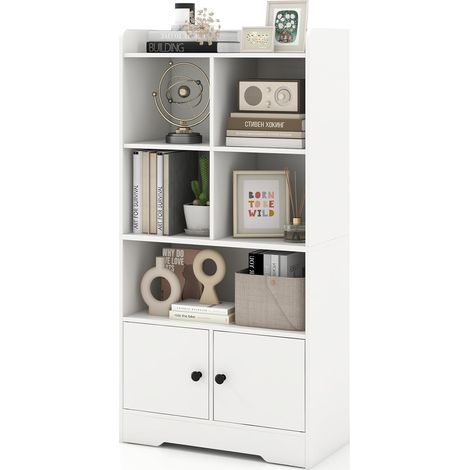 Costway – Bibliothèque blanche avec 5 compartiments ouverts et 2 portes – Dimensions 29,5 x 60 x 120 cm – Construction robuste et stable – Pour salon, chambre, bureau (1/5)