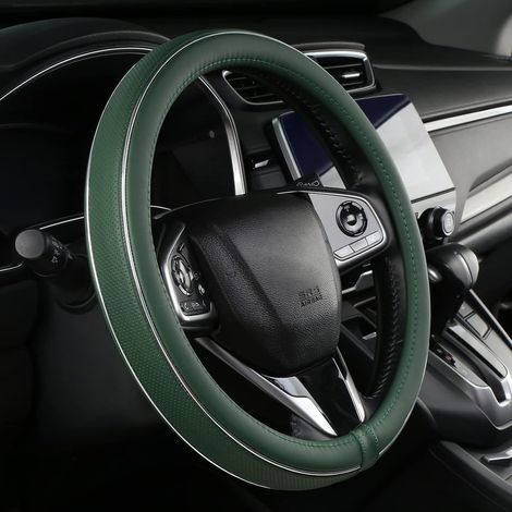 Coprivolante in pelle verde con striscia in fibra, universale per volanti da 15 pollici.
