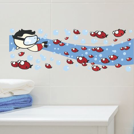 Sticker mural décoratif 68 cm X 24 cm - Poissons Rouges et Nageur - Décoration Murale pour Maison et Bureau (1/2)