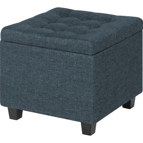 Pouf Poggiapiedi Cubico XXL Con Contenitore Integrato Cubo Imbottito Lino 45Cm Piedini legno Panca Moderna Cassapanca Soggiorno Panchina Ingresso Scarpiera Sgabello Grande Blu4 (1/4)
