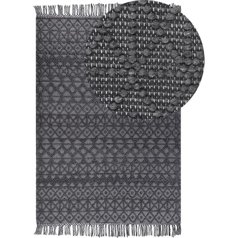 Tappeto Boho in lana con motivo geometrico e nappe 160 x 230 cm Nero Alucra