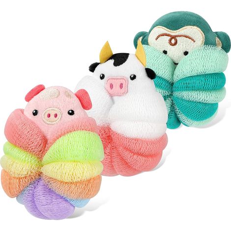 Lot de 3 fleurs de douche lavables pour enfants, éponges luffa en forme d'animal, gommage doux pour le bain. (1/5)