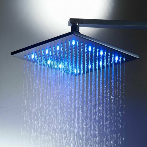 1 Pommeau de douche carré 40cm, buses silicone noir mat, LED couleur température, fixation murale, salle de bain (1/5)
