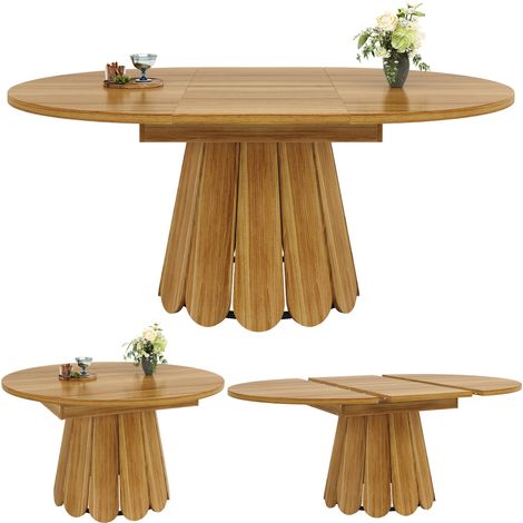 Table à manger extensible ronde- 118-158x118x76 cm- 6 à 8 personnes- Plateau MDF+Metal- Salle a manger,Salon-Marron (1/5)
