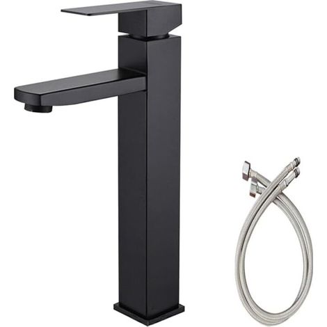 Robinet de lavabo noir , robinet de salle de bain monotrou avec tuyau d'alimentation en eau , robinet de lavabo haut , finition noir mat brossé (1/4)