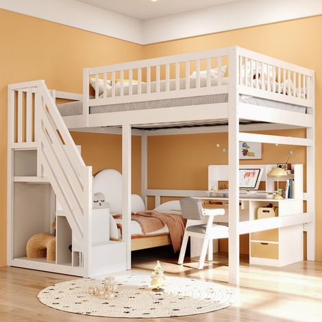 Lit 140 x 200 cm bois massif blanc avec escalier rangement et garde-corps, sans matelas (1/5)