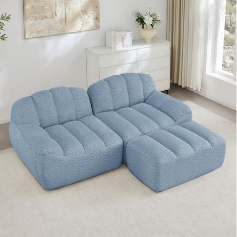 Canapé d’angle modulare in pile granulato blu con pouf, senza montaggio (1/5)