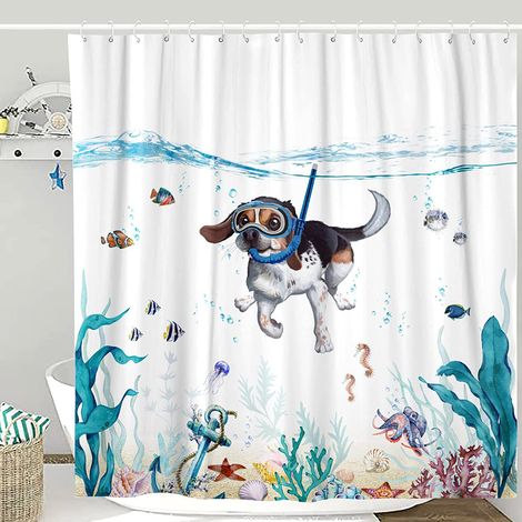 Niedlicher Badevorhang mit tauchendem Hund und Meerestieren, Polyester-Duschvorhang, 180 x 180 cm, wasserdicht, langlebig, modernes Badezimmer-Dekorationszubehör mit 12 Haken