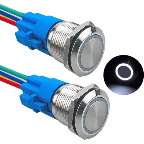 2 Pièces 19 mm Commutateur Bouton-Poussoir Momentané, 12V / 24V 5A Interrupteur à Bouton-Poussoir en Acier Inoxydable Étanche IP67, avec Prise Pré-Câblée (LED Blanc) (1/5)