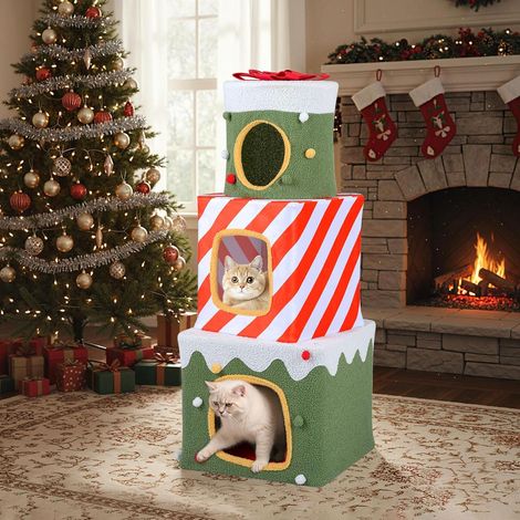 COSTWAY Albero di Natale per Gatti da Interno, Tiragraffi per Gatti con 3 Condo, Caverne Nascoste e Pallina Appesa, Grande Torre Impilabile a Forma di Scatola Regalo per Decorazioni Natali (1/5)
