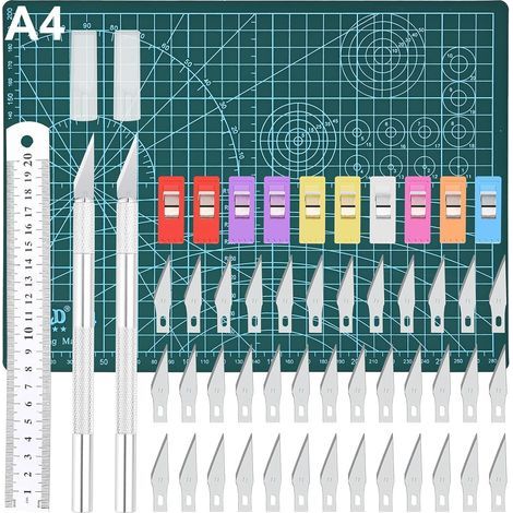 Cutter de Précision, Couteau pour Loisirs Créatifs Set, 2 Stylos Scalpel 42 Lames Tapis de Découpe Règle en Acier et 10 Clips, pour Sculpture, Arts de Bricolage (1/5)