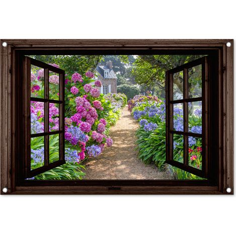 Balcony Privacy Banner Hydrangea - See-through - Flowers - Purple - Nature - Dark brown window 90x60 cm (1/5)