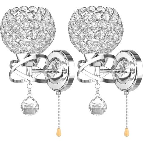 Wandlampe Modern Kristall, 2 Stück Silber Wandleuchte mit Zugschnur Schalter für Schlafzimmer, Gang, Wohnzimmer, Lampenfassung E14 - ohne Leuchtmittel
