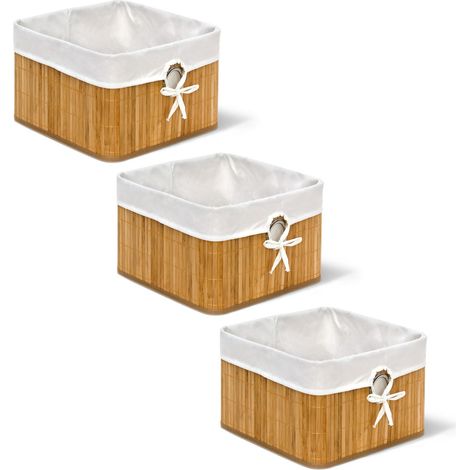 Set of 3 Relaxdays Storage Basket, Fabric Lining, Bamboo, Rectangular, Bathroom, Accessories, HxWxD: 20x31x31cm Natural