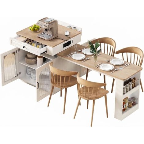 ELVMI Isola da Cucina con Tavolo Estensibile, Cassetto e Vani Aperti, LED e Prese, per Cucina, Bianca (1/5)