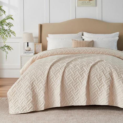 couvre-lit avec gaufrage ultrasonique beige 170 x 210 cm – Couverture polyvalente comme jeté de lit ou jeté de canapé, style matelassé, idéal comme couvre-lit (1/5)