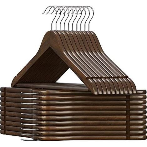 Cintre Bois, Lot de 20, avec Encoches Antiglisse, Barre Antiglisse pour Pantalons, Crochet Pivotant 360°, pour Costumes, Chemises, Manteaux, Brou de Noix et (1/5)