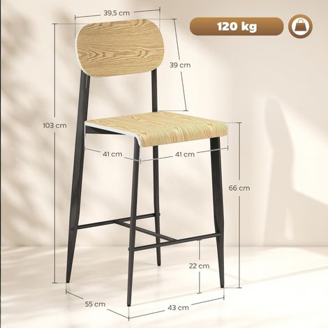 Tabouret de bar lot de 2, chaise haute avec repose-pieds, piètement en métal, tabouret de cuisine hauteur d'assise 66 cm, design industriel bois naturel et noir, montage facile. (1/5)
