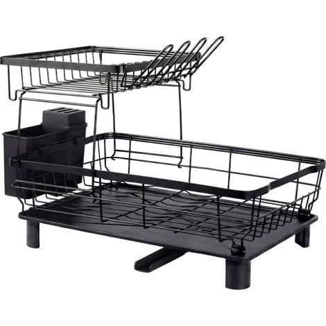 TOQUE 2 Tier Dish Drainer Rack Drip Tray Cutlery Holder Plate Rack Kitchen Sink