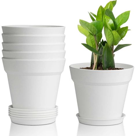 Lot de 6 pots de fleurs blancs en plastique avec système d'irrigation et ventilation pour balcon, jardin intérieur et extérieur (1/5)
