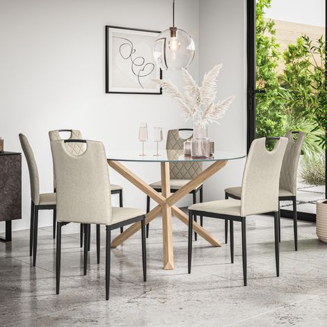 Malvern Round Dining Table And Chairs - Clear Glass Table Top w Solid Oak Legs + Monza Fabric Dining Chair Set Of 6 (Beige) (1/5)