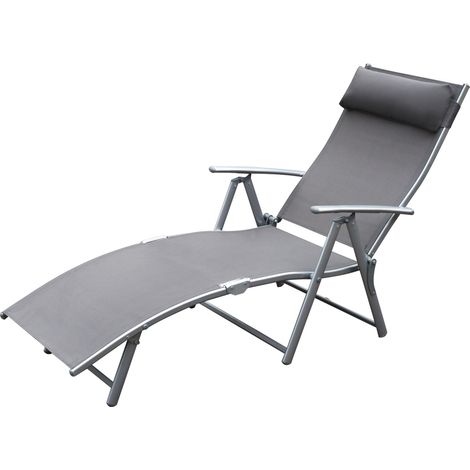 transat Chaise Longue Bain de Soleil Pliable Dossier inclinable Multi-Positions têtière fournie 137L x 64l x 101H cm métal époxy textilène Gris (1/5)