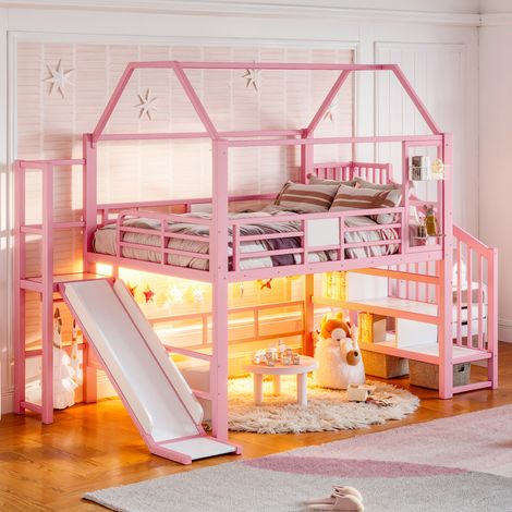 Lit mezzanine 140/200 cm rose en métal, avec toboggan, LED Bluetooth et escalier de rangement (1/5)
