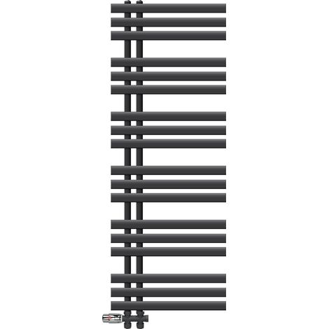 LuxeBath Badheizkörper Iron EM 500x1400 mm Anthrazit Seitenanschluss mit Anschlussgarnitur Thermostat Durchgang Boden, Design Heizkörper Bad Heizung Handtuchwärmer Handtuchtrockner Handtuchheizkörper (1/5)