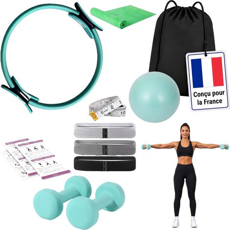 Relaxdays Kit Pilates, 11 pièces, accessoires maison, anneau, ballon, 4 élastiques, 2 haltères, sac, vert