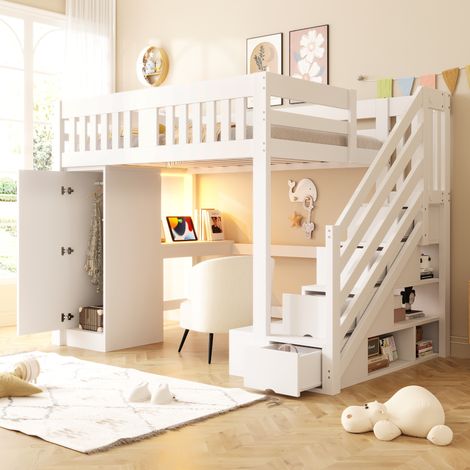 Lit mezzanine bois 140x200 cm avec bureau, LED multicolore, tiroirs de rangement et armoire, échelle sécurisée et garde-corps, blanc
