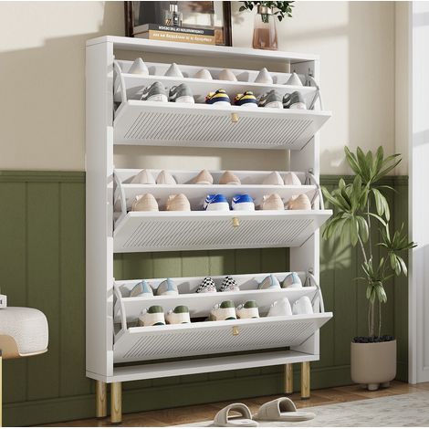 Zapatero en MDF y aglomerado blanco, 3 puertas abatibles acanaladas, 73 x 23 x 125 cm (1/5)