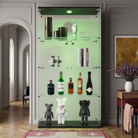 Vetrina in vetro, con LED, 4 mensole, porte doppie, armadio di presentazione per salone, per collezione, 163 x 80 x 36cm, Nero (1/5)