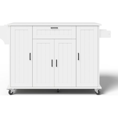 Îlot de cuisine avec plateau rabattable, chariot de cuisine à roulettes, meuble de cuisine avec 4 portes et 1 tiroir, étagères à épices intégrées dans les portes, porte-serviettes double face, blanc,1 (1/5)