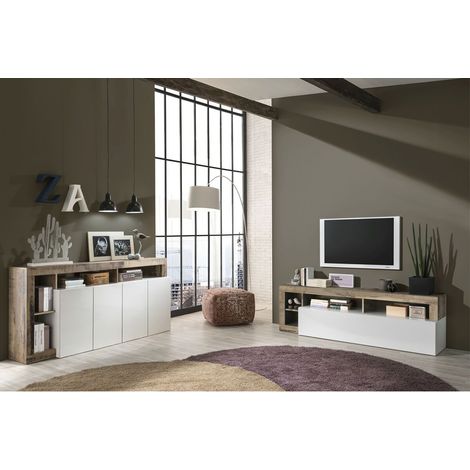 ARTURO - Ensemble Buffet 4P + Meubles TV Blanc Laqué Niches Aspect Bois Antik (1/5)